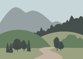 mountain landscape wall art illustration, abstract landscape clipart, vector simple nature background, travel road trip clip art, forest images in flat style, minimal outdoor, digital download print