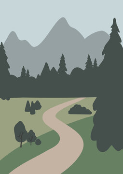 mountain landscape wall art illustration, abstract landscape clipart, vector simple nature background, travel road trip clip art, forest images in flat style, minimal outdoor, digital download print