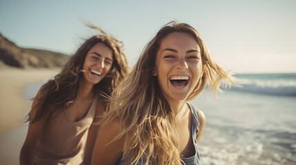 Happy young adult women friends having fun at the beach