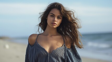 Fototapeta na wymiar Young female model on the beach