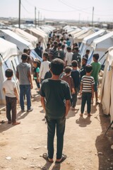 Crowd of homeless refugees view from the back with staff and children in refugee camp. Refugees and economy crisis.