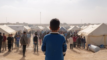 Crowd of homeless refugees view from the back with staff and children in refugee camp. Refugees and economy crisis.