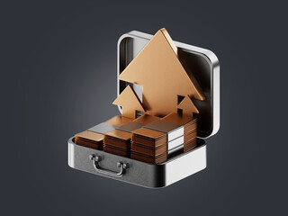 3d gold coins in black briefcase on gray background. 3D illustration rendering.