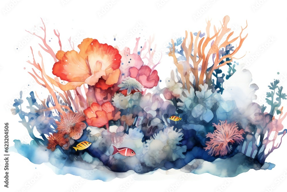 Wall mural Watercolor underwater floral on white background Generative AI