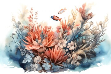 Obraz na płótnie Canvas Watercolor underwater floral on white background Generative AI