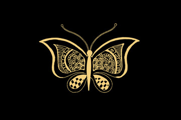Zentangle art for Butterfly with gold color isolated on dark black background - vector illustration