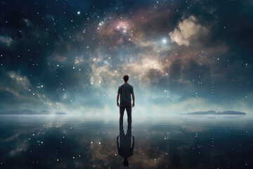 Fototapeta na wymiar Man Stands On Water Against Sky And Space Background. Generative AI