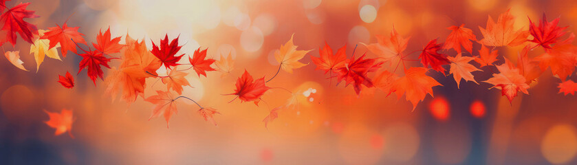 Naklejka na ściany i meble Red Maple Leaves Flying In The Wind On Autumn Defocused Background. Black Friday Sale, Price Cuts, Mockup. Generative AI