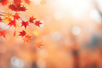 Naklejka na ściany i meble Red Maple Leaves Flying In The Wind On Autumn Defocused Background. Halloween Card. Generative AI