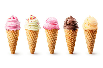 Set Of Different Kinds Of Ice Cream Balls In Waffle Cones On White Background. Generative AI