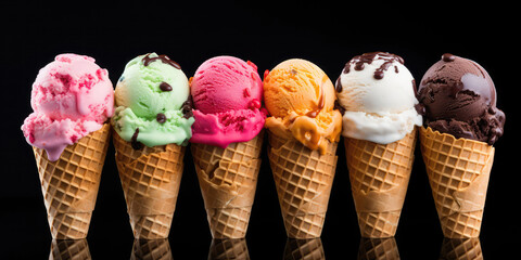 Set Of Different Kinds Of Ice Cream Balls In Waffle Cones On Black Background. Panoramic Banner. Generative AI