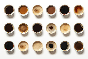 Set Of Cups Of Different Black Coffee On White Background, Top View. Generative AI