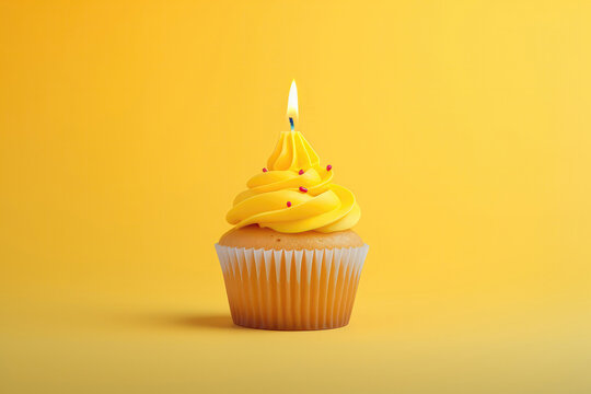 Yellow Cupcake With Lighted Candle On Yellow Background, Empty Space. Generative AI