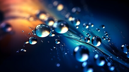 Macro shot of water droplets on a surface, reflecting light with a bokeh effect. - obrazy, fototapety, plakaty