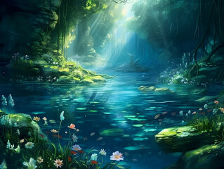Mystical forest pond illuminated by sunlight with vibrant underwater flora.