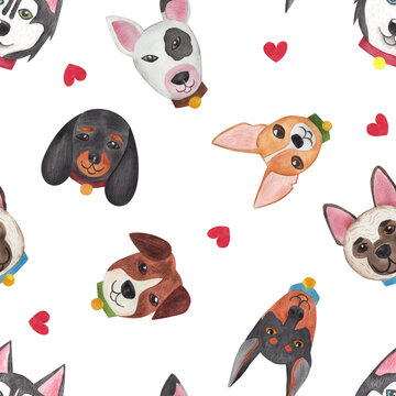 Faces of different dogs. Funny animal muzzle seamless pattern. Watercolor illustration in cartoon style