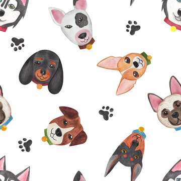 Faces of different dogs. Funny animal muzzle seamless pattern. Watercolor illustration in cartoon style