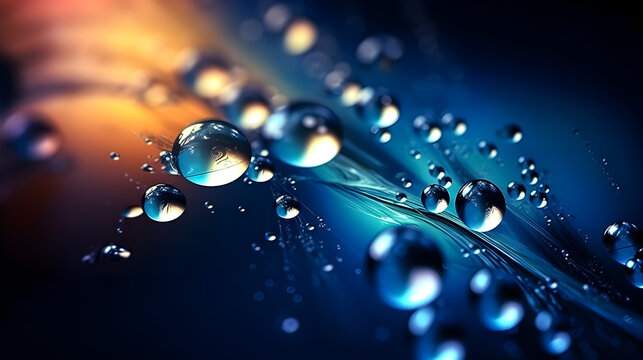 Macro shot of water droplets on a surface, reflecting light with a bokeh effect.