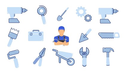 set of blue concept art tools pictograms