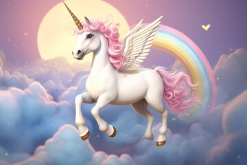 Naklejka na ściany i meble White unicorn in the rainbow in clouds background
