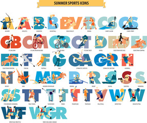 Series of 46 colorful sports icons, intended to illustrate articles on the topic, or simply decorate editorial content.