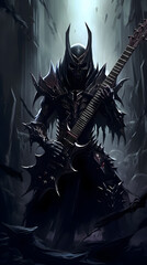 Fototapeta na wymiar Guitarist in battle armor stands in dim light, blending combat with rock melodies.