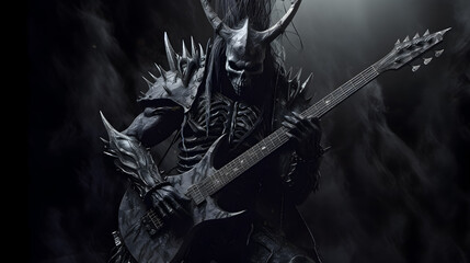 Gothic musician in armor, lost in a foggy realm, strumming dark melodies.