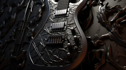 Intricate electric guitar with organic designs on a dark background, showcasing a unique blend of...