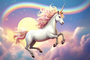 Obraz na płótnie Canvas White unicorn in the rainbow in clouds background