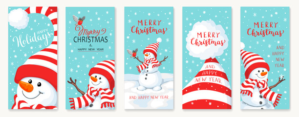 Christmas background with snowman and snowflakes. New year illustration. Christmas template for social media. - 623205377