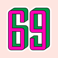 Number 69 in Vibrant Colors. Vibrant Pink Number 6 and 9 with Bright Green Arcade, Black Outline, White Contour isolated on a Light Coral Pink Background. Modern Vector Letternig. RGB Colors.