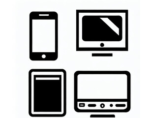 Device icons: smartphone, tablet, laptop and desktop computer, blanck screen