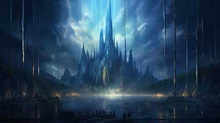 Towering spires and cascading water photo realistic illustration - Generative AI.