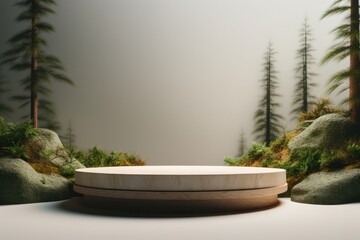 wooden podium platform in the middle of a forest, created by Generative AI