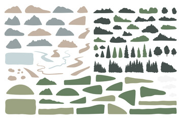 mountain landscape creator clipart, vector travel illustration, road trip clip art, mountain scene images in flat cartoon style, abstract nature, rock forest tourist hiking