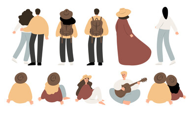 mountain landscape creator clipart, vector travel illustration, road trip clip art, mountain scene images in flat cartoon style, abstract nature, rock forest tourist hiking