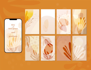 Social media story layout in sunny tropical hues. Abstract shapes, tropical leaves, corals, spots, glare, sunset.