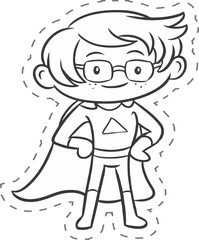 Line art full length illustration of superhero boy smiling happy while wearing glasses and superhero costume.Coloring book. Cartoon vector characters of Kids Superheroes