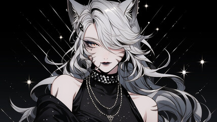 Young cat girl, anime character, cute pointy ears. Colourful background wallpaper. Created with Generative AI.