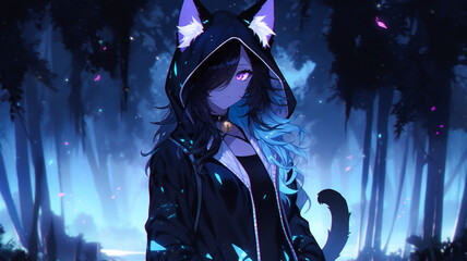 Young cat girl, anime character, cute pointy ears. Colourful background wallpaper. Created with Generative AI.