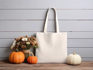 Fotobehang Autumn scene, white blank tote bag mock up  © reddish