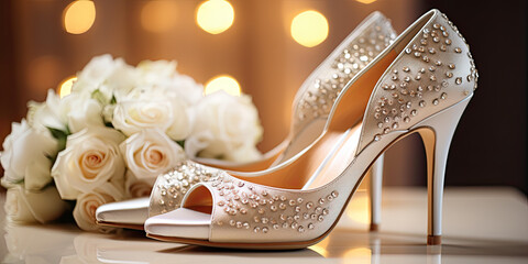 Close-up of white wedding shoes high heeled and white roses in the background