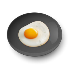 Vector 3d Realistic Black Plate, Dish with Fried Egg, Omelet Inside Isolated on White Background. Healthy Breakfast, Protein Food, Diet Meal Concept. Design Template, Mockup. Top, Side View