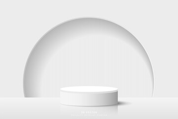 White gray 3d cylinder podium pedestal realistic placed in front of half circle door background. Minimal scene for mockup or product presentation, showcase. 3d vector geometric form design.