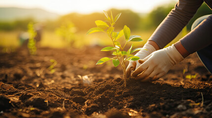 Fototapeta premium Man planting trees or working in community garden 