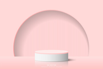 White pink 3d cylinder podium pedestal realistic placed in front of half circle door background. Minimal scene for mockup or product presentation, showcase. 3d vector geometric form design.