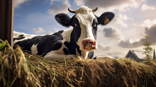 cow eating hay at the farm. Generative Ai. 
