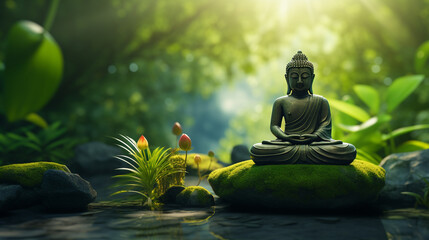 buddha statue in the lotus position. Generative Ai.  - obrazy, fototapety, plakaty