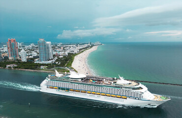 Miami Beach, cruise boat liner. Cruises in Miami city, South Point Park in Miami Beach, aerial view...