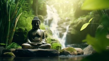 Buddha statue in the garden near the waterfall. Generative Ai. 